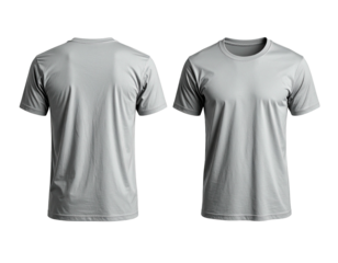 Front and back view of a blank, light gray, short-sleeved t-shirt on black