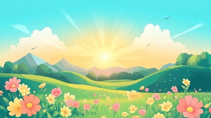 Fototapeta premium A vibrant landscape featuring colorful flowers in a field, rolling hills, and a bright sunrise illuminating the sky with soft clouds.