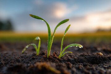 Fresh sprouts glisten with dew, emerging from the rich soil, promising new life and growth in the early morning light.