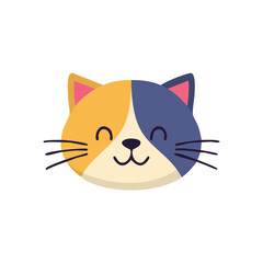 Cartoon illustration of a cat's head with a happy expression, featuring a color-blocked design in gold and blue on a white background.