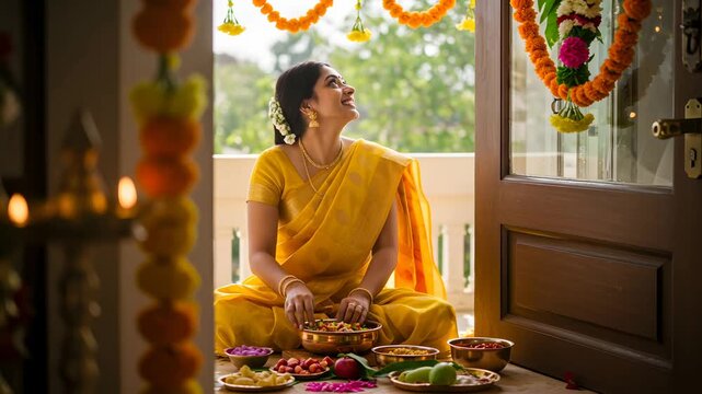 Indian woman preparing traditional religious offerings for a cultural festival on a decorated balcony, happy and content, video.