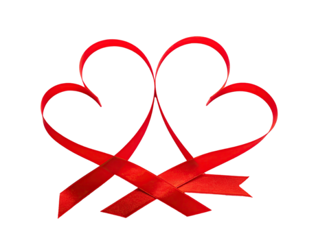 Two red ribbons shaped into hearts, intertwined, against a solid black background