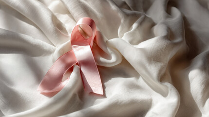 Pink ribbon on white fabric symbolizing the fight against cancer. A pink ribbon, symbol of breast cancer awareness, rests on soft, white fabric, conveying hope support for those affected by disease