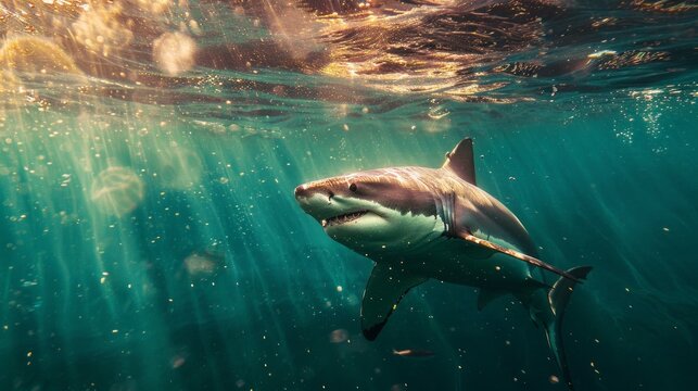 Close-up of a shark underwater, sunbeams shining through the waves, suitable for content about marine life, diving, and ocean adventures.