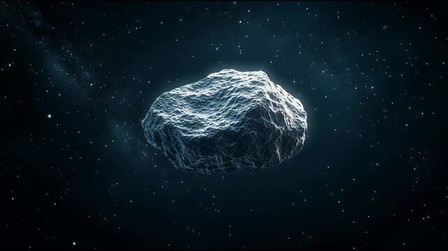 Huge asteroid slowly rotating in the vastness of dark space, surrounded by countless stars and distant galaxies, creating a breathtaking cosmic scene