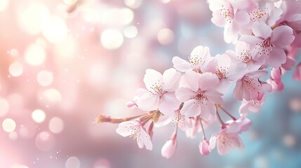 A delicate pink cherry blossom branch against a soft, dreamy background, evoking a sense of tranquility and spring beauty.