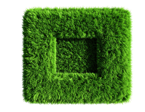 A green square shape made of lush, fluffy grass on a black background