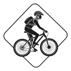 Black silhouette of a person riding a bicycle within a diamond shape