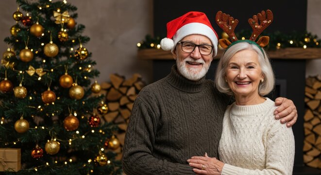 Smiling elderly couple posing happily near decorated Christmas tree - Powered by Adobe