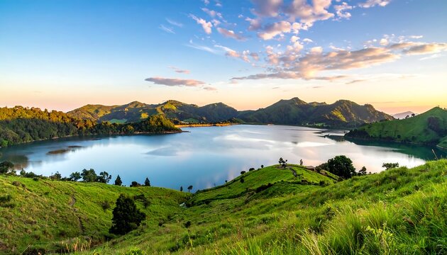 Scenic mountain lake at sunrise