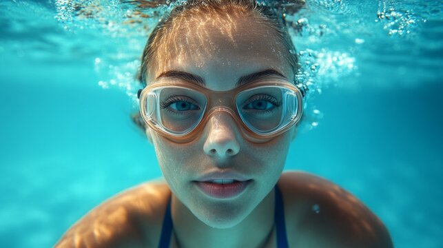 A swimmer wearing goggles underwater with air bubbles is ideal for articles about sports, swimming pool advertisements, and swimming lessons.