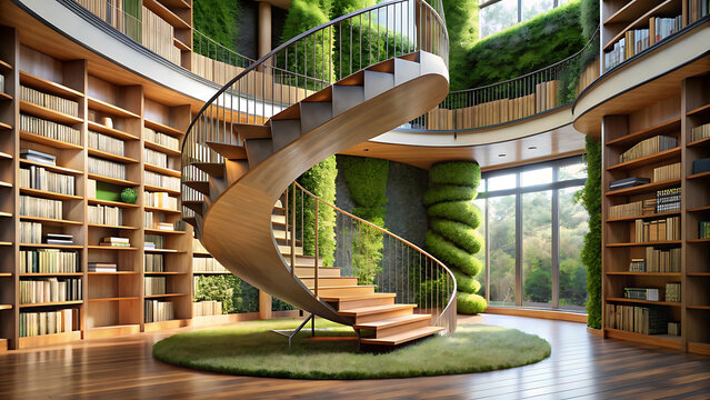 Modern organic library with spiral staircase and moss wall natural decorations