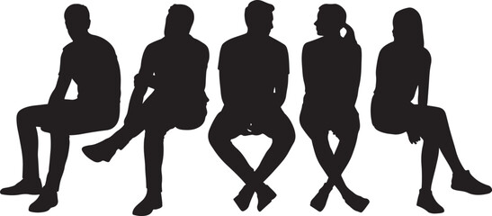 Silhouette of five diverse people sitting on bench.