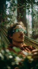 A programmer lounging in a hammock in a outdoor forest wearing AR glasses typing code