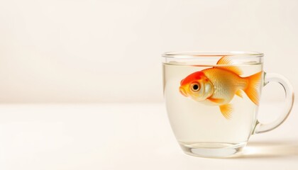 Goldfish swimming in clear glass cup on neutral background  