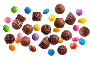 Various chocolate candies and colorful coated sweets floating on a black background