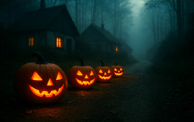Fototapeta premium Jack-o’-lanterns lighting up a foggy village path