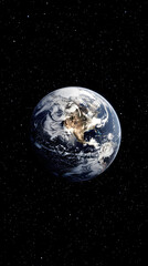 Naklejka premium Stunning view of Earth from space, showing continents bathed in sunlight against a backdrop of endless stars, inspiring wonder and global connection.