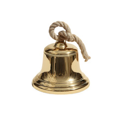 A polished brass ship bell with rope pull, shiny reflections, centered object with soft natural shadows --ar 1:1 --raw