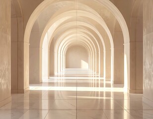 Obraz premium Bright Beige Tiled Hallway with Arches Perspective View Lit by Natural Light in Minimalist Style Interior Design and Smooth Reflections
