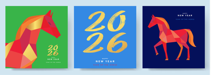 Merry Christmas and Happy New Year greeting card set. Modern Christmas design with typography, horse and festive ornaments. Happy New Year 2026 vector illustration of Year of Horse cover, poster and s