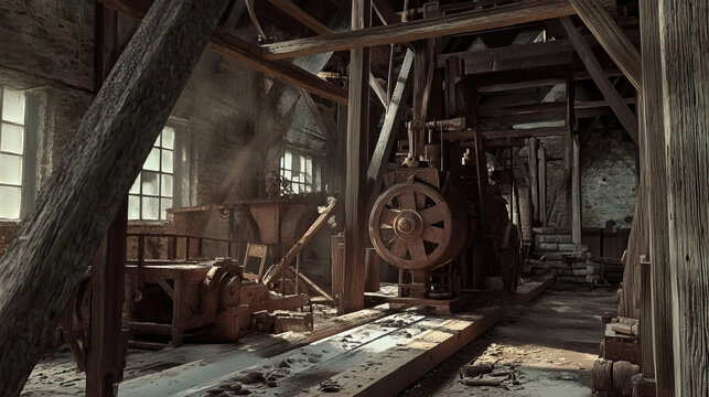 Vintage sawmill with old wooden beams and antique equipment
