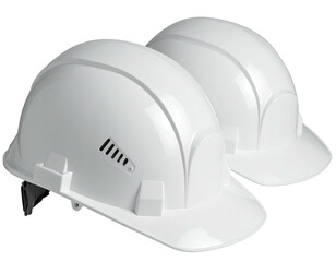 Fototapeta premium Two glossy white protective helmets, side by side, on a transparent background