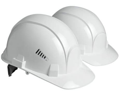 Two glossy white protective helmets, side by side, on a transparent background