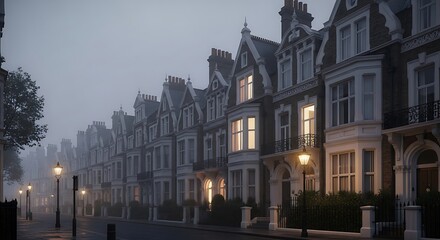 Obraz premium Row of houses on a foggy street at night
