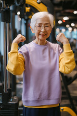 Elderly asian woman in a purple long-sleeved shirt and glasses, smiling while flexing her arm muscles at the gym.