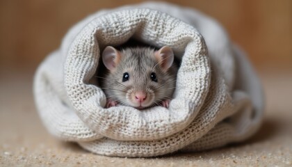 Gray hamster peeking out from knitted blanket on soft surface  