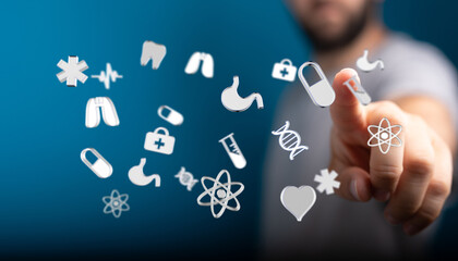 Person touching medical icons: health, medicine, technology, innovation, future.  Perfect for healthcare, technology, and medical websites