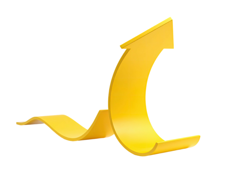 A golden, curved arrow, rising with a winding path, isolated on black