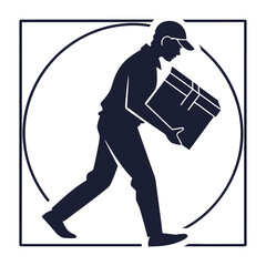 Obraz premium Dark blue silhouette delivery man carrying box in circle and square