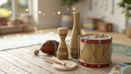 Miniature Wooden Musical Instrument Set on a Wooden Surface