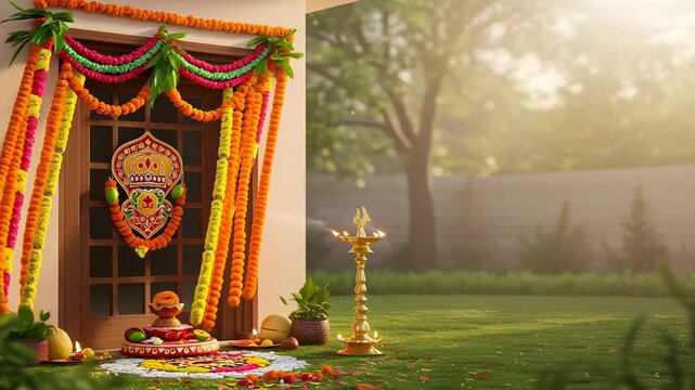 Decorated home entrance for Indian holiday with marigold garlands and a brass lamp illuminating slowly, video