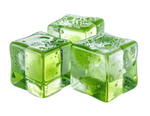 Close-up of three shimmering, green cubes, possibly ice, on a black background