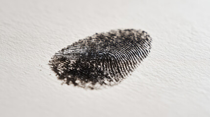 Close-up of fingerprint on white paper, representing security identification. Detailed view of fingerprint impression on textured white surface, highlighting biometric authentication data protection