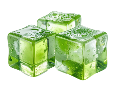 Close-up of three shimmering, green cubes, possibly ice, on a black background