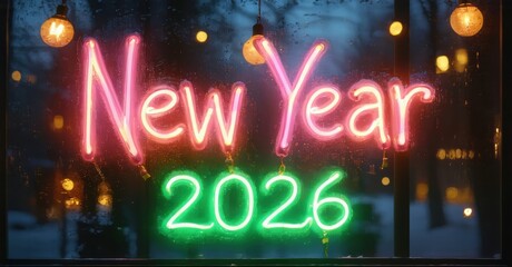 Bright neon sign displays New Year 2026. Bokeh lights create festive, blurred background. Festive celebration imagery.