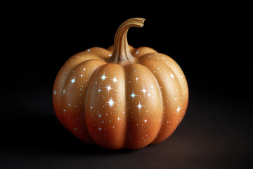 Close-up of a pumpkin with star-like patterns against a dark background, creating a celestial and festive Halloween decoration.