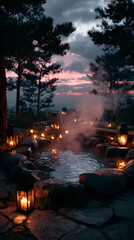 Serene hot spring oasis at dusk, illuminated by warm lanterns and candles, creating a peaceful, romantic escape amidst nature's beauty.