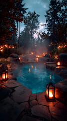 Serene forest hot spring oasis glows with warm lanterns and gentle steam creating a magical nighttime escape for ultimate relaxation and rejuvenation