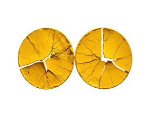 Two cracked yellow circles on black, showing texture and sharp lines