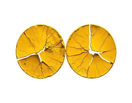 Two cracked yellow circles on black, showing texture and sharp lines