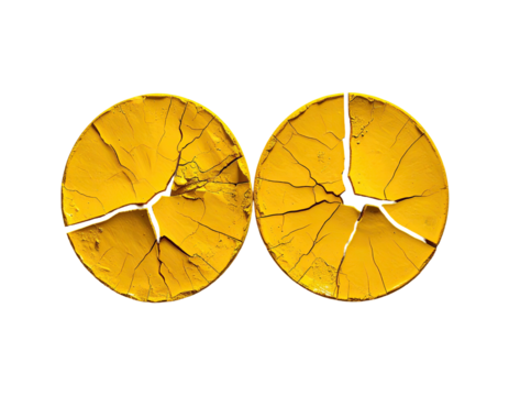 Two cracked yellow circles on black, showing texture and sharp lines