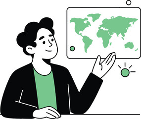 Vector art of a man with dark hair is presenting a world map, gesturing towards it with enthusiasm, , showcasing global awareness