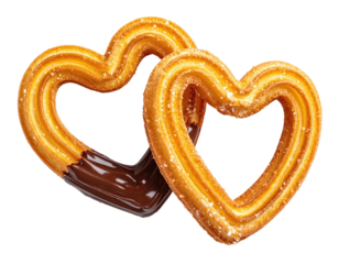 Two heart-shaped pastries, one partially dipped in chocolate, isolated on black