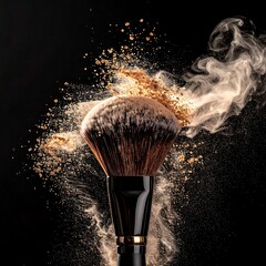 Powder explosion around a makeup brush against a black background