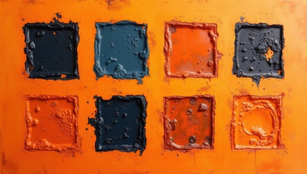 Paquete de texturas de sellos de linograbado con pintura de tinta que presenta formas cuadradas rugosas y erosionadas con bordes desgastados y superficies irregulares sobre un fondo naranja vivo
